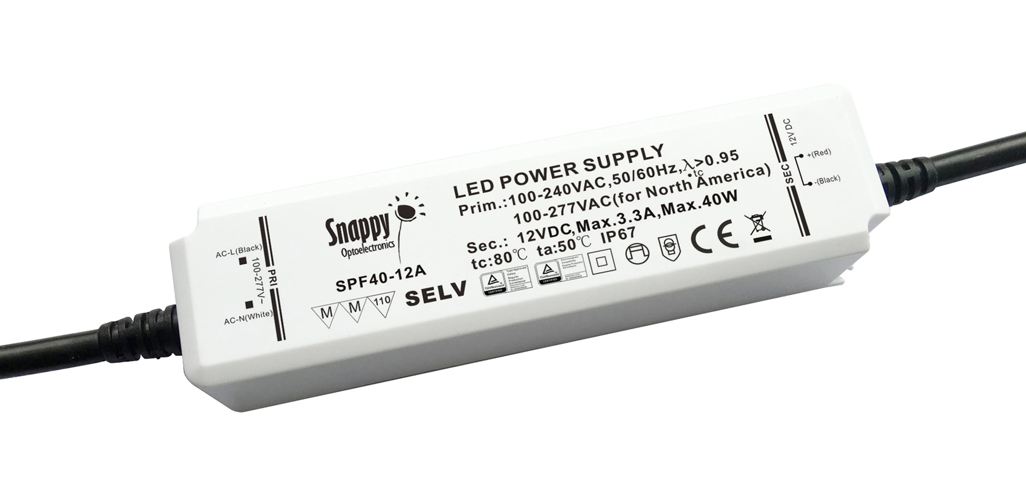 SPF40-12A  40W CV & CC Non-Dimmable LED Driver 12VDC IP65